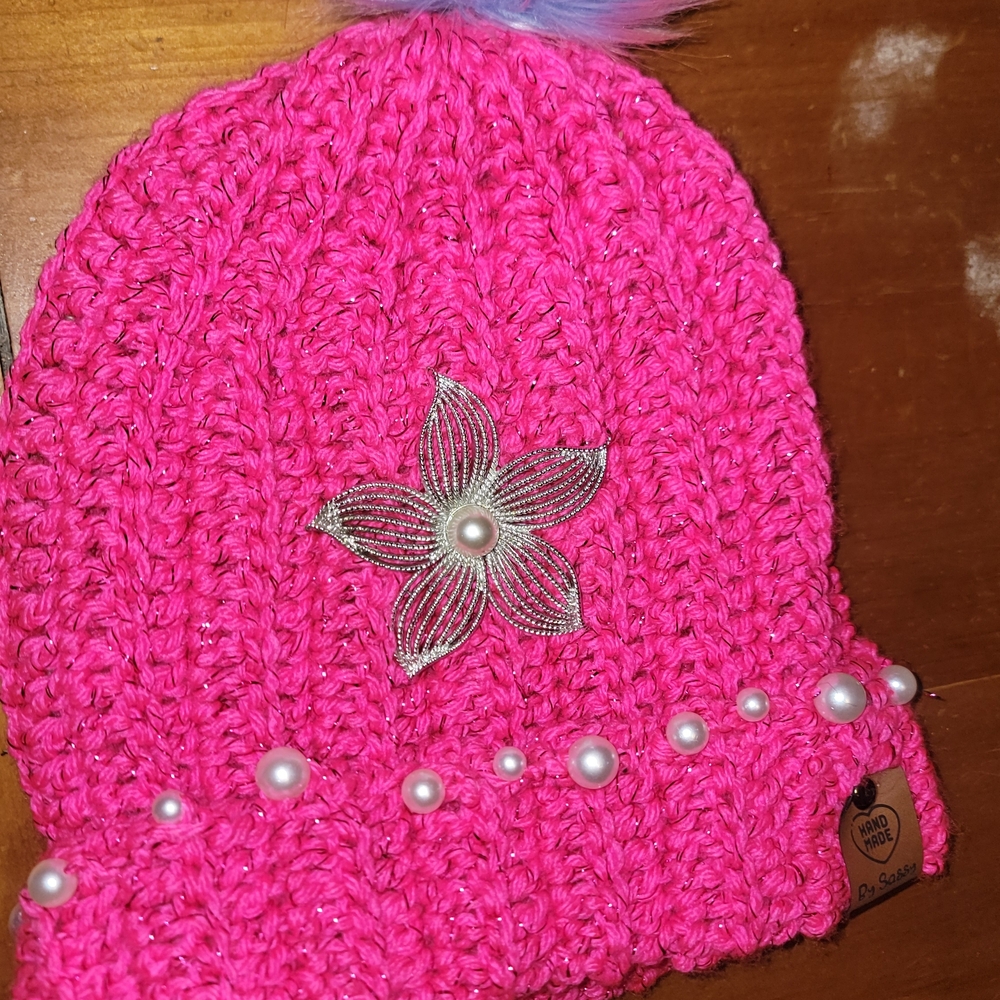 Pink Knitted Kids Beanie with Floral Accent